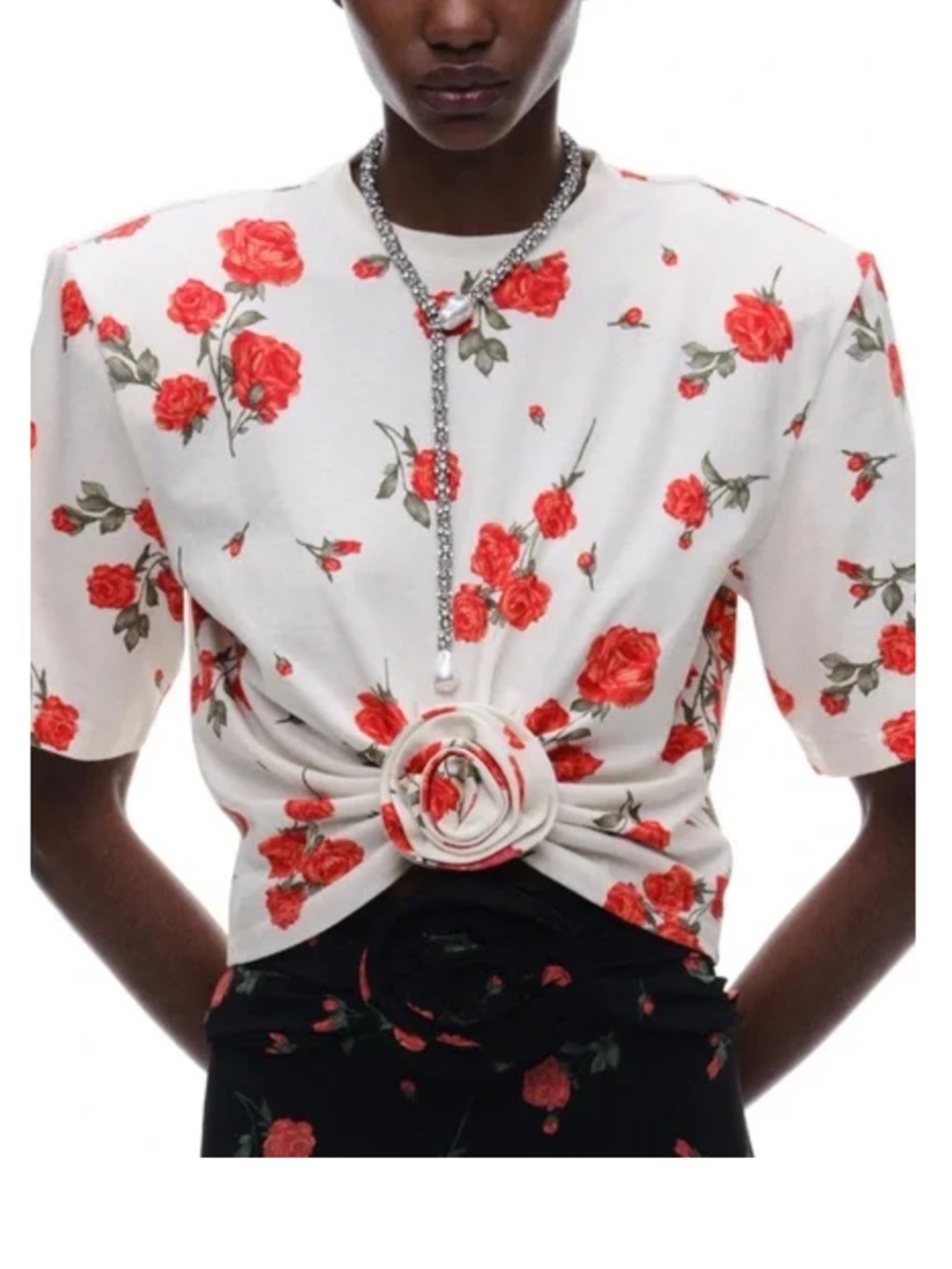 NWT H&M x Magda Butrym Patterned T-shirt with Rose Applique Cream/Roses